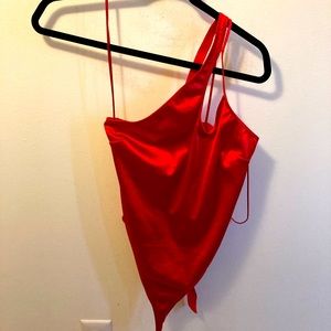 Red satin body suit